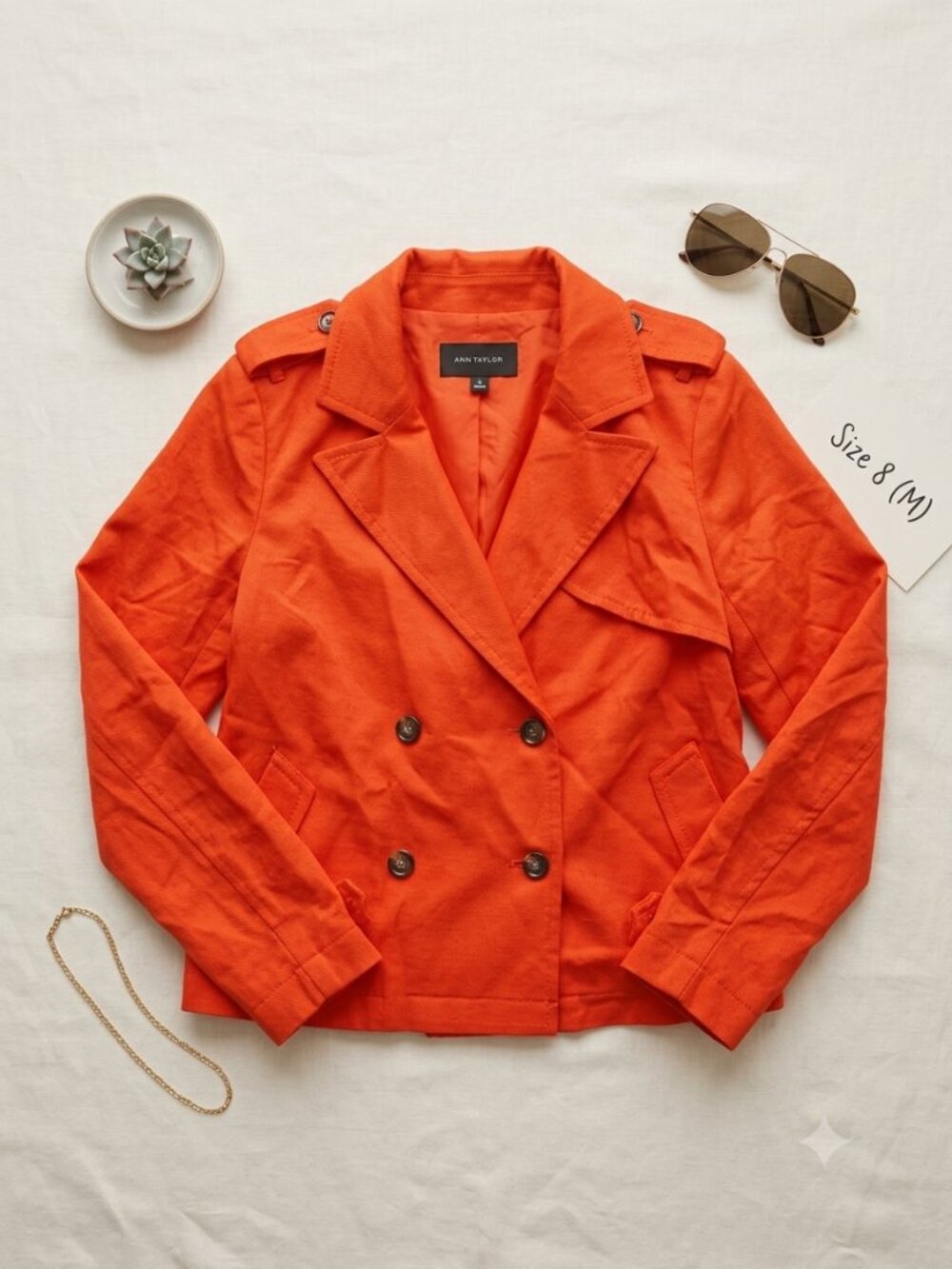 Ann Taylor Vibrant Orange Linen-Blend Double-Breasted Jacket | Size 8 (M)